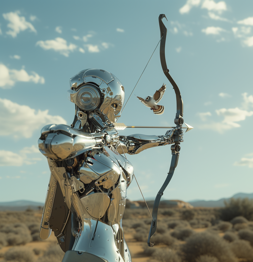 salomeldc_The_chrome_robot_is_looking_at_a_target_with_a_bow_a__10a8f006-89b2-4a9f-a379-0074c56c07b0